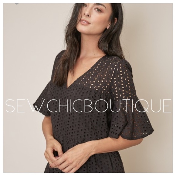 Black Mini Woven Eyelet Mini Ruffle Dress - Picture 2 of 5